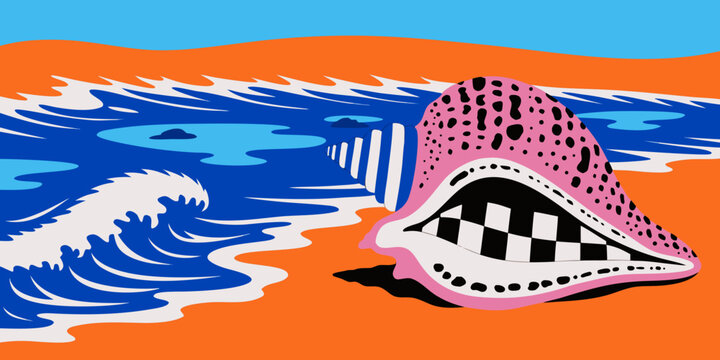 Surreal seashell with checkered mouth pattern on beach with waves eye catching attention grabbing thought provoking seashell checkered illustration patterned creative imaginary artistic