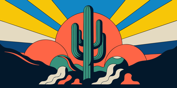 Cactus in desert landscape with sunset background illustration dry heat sunset colors digital art bold colors eye catching attention grabbing landscape illustration background southwest