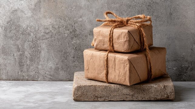 Two Gift Boxes Wrapped with String and Kraft Paper on Cement Platform