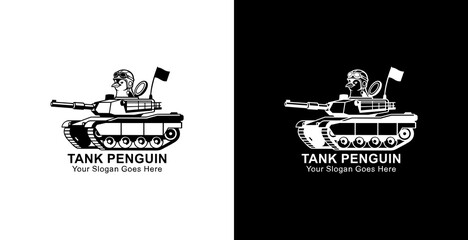 Logo design of a penguin riding a tank © Yohanes