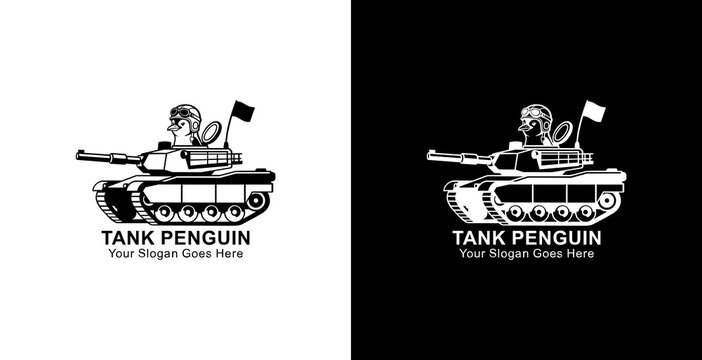 Logo design of a penguin riding a tank