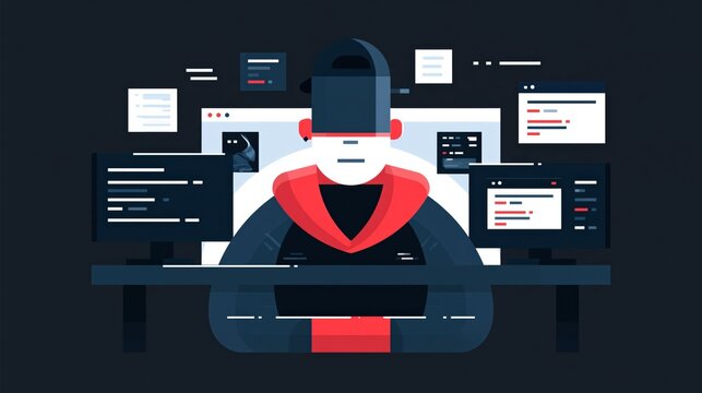 Anonymous coder working on multiple computer screens with glowing code on dark background