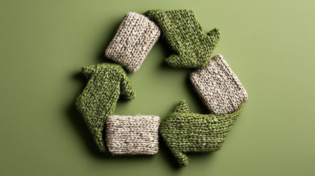 Creative Knitted Recycling Symbol on a Green Background Representing Sustainability and Eco-Friendly Practices