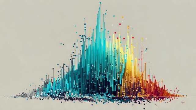 Abstract particle explosion forming mountain shape with bright color spectrum during dynamic motion