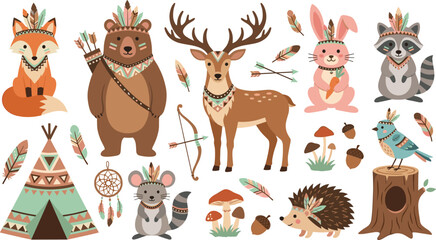 Fototapeta premium Cute Tribal Woodland Animal Set with Fox Bear Deer Bunny Raccoon Hedgehog Teepee and Dream Catcher Vector Illustration