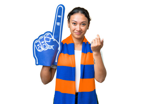 sports fan woman over isolated chroma key background inviting to come with hand. Happy that you came