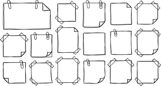 Hand drawn paper notes and memos collection with clips and tape