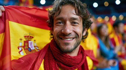 Spanish football supporter holding national flag under stadium floodlights