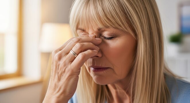 Senior Woman Suffering from Severe Headache or Sinus Pain at Home, Touching Bridge of Nose with Eyes Closed in Pain