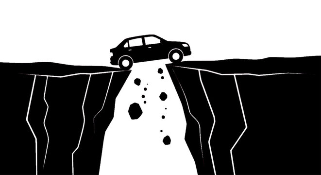 Minimal black silhouette icon, simple flat vector, bold black shape, no, no shading silhouette of a car driving over a dangerous cliff edge with falling rocks on a, flat icon style