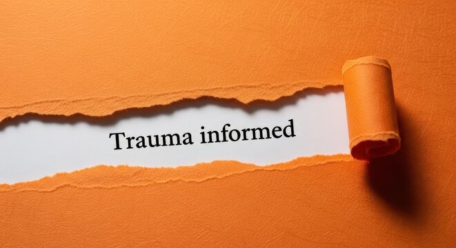 Trauma Informed Text Revealed Under Torn Orange Paper for Mental Health Awareness and Psychological Care Concept