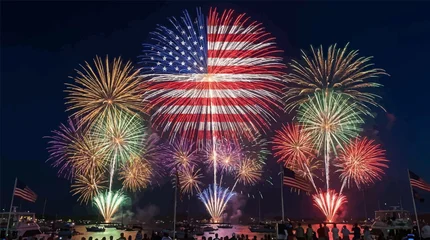 Patriotic fourth of july fireworks display over water with american flag © MdAtiqur