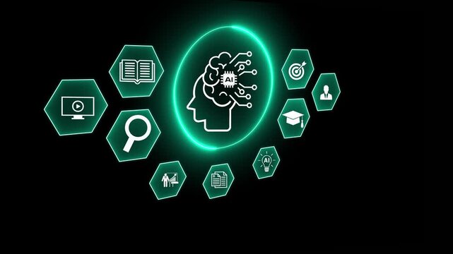 Education technology, AI Artificial Intelligence help concept, learn lessons videos online learning. Businessman use laptop with digital training courses icons for develop new skills