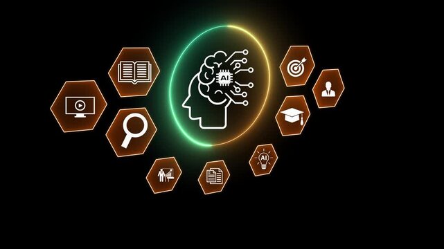 Education technology, AI Artificial Intelligence help concept, learn lessons videos online learning. Businessman use laptop with digital training courses icons for develop new skills