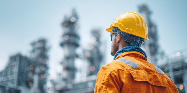 Close-up of worker in orange uniform holding yellow hard hat and safety goggles at oil refinery. Concept of industrial safety, chemical engineering, manufacturing worker, and career in energy sector.