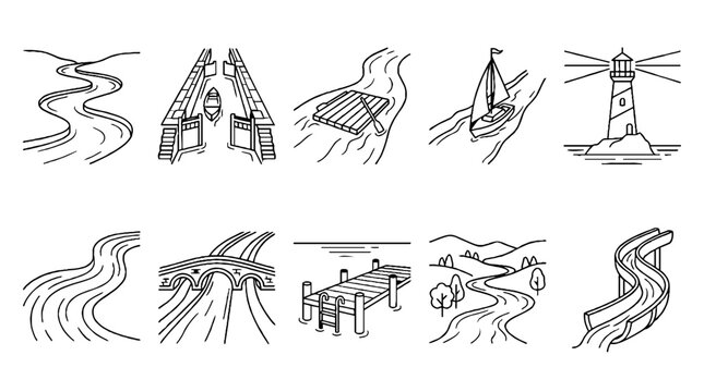 Hand drawn nautical and river landscape icons set featuring bridges lighthouse boats and water scenes.