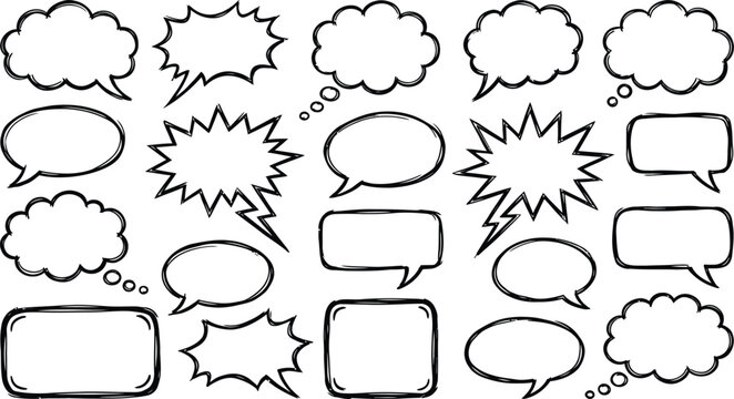 Collection of hand drawn comic speech bubbles and thought balloons