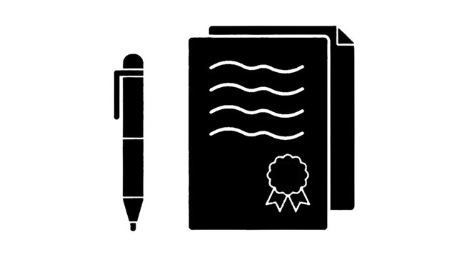 Minimal black silhouette icon, simple flat vector, bold black shape, no, no shading pen and document with seal icon on a, flat icon style