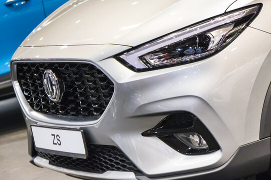 Poznan, Poland - April 05, 2024: Poznan Motor Show. Front of silver ZS. Development of Chinese automotive. Detail of vehicle