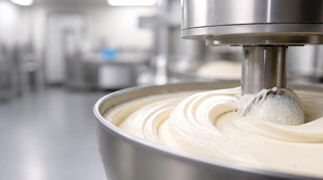 Creamy white vanilla ice cream being churned in a stainless steel machine at a dairy.