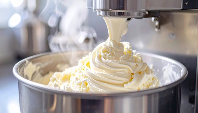 Creamy white vanilla ice cream being churned in a stainless steel machine at a dairy.