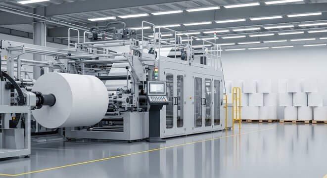 High speed automated equipment manufacturing massive white jumbo paper tissue rolls inside a clean modern industrial factory environment, assembly, manufacturing, cylindrical