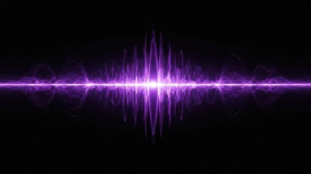 Symmetrical purple light frequency wave on black background for audio concept.
