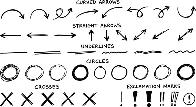 Hand drawn doodle elements collection arrows circles crosses and exclamation points