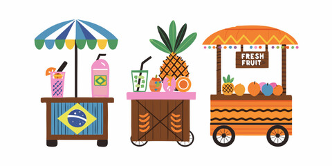 Obraz premium Food Carts With Tropical Fruits And Beverages Vector Illustration