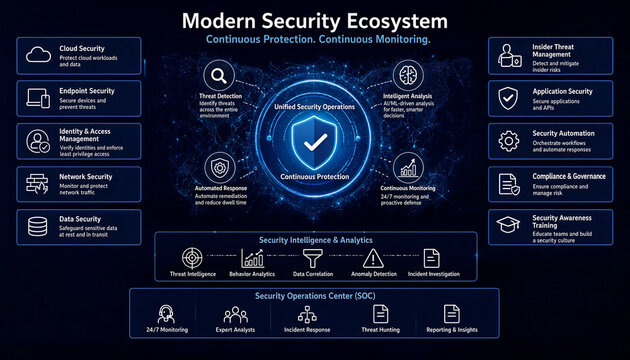 Modern security ecosystem cyber defense infographic with central shield cybersecurity security infographic protection technology internet software infrastructure analysis business