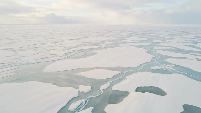 Aerial view of melting Arctic sea ice with large ice floes and open water under cloudy sky