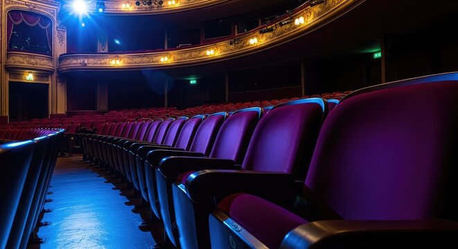 Soft blue and golden lights bathe the rows of an empty theater, highlighting the velvet texture of seats in a quiet, cinematic atmosphere, architecture, venue, luxury