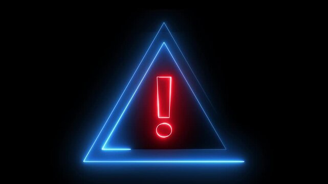 Neon warning attention sign icon animation glowing red and blue color danger error alert risk stop sign emergency hazard sign icon sign symbol on black background	