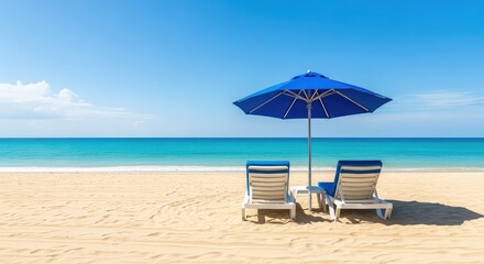 Fototapeta premium Two empty white sunbeds and a matching blue umbrella stand on a clean sandy beach next to the calm turquoise ocean under a bright sunny sky, summer, relaxation, white