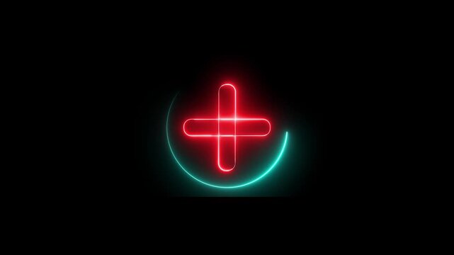 Neon plus sign icon animation glowing red and cyan color neon sign positive mathematic accountancy calculating icon sign symbol on black background	