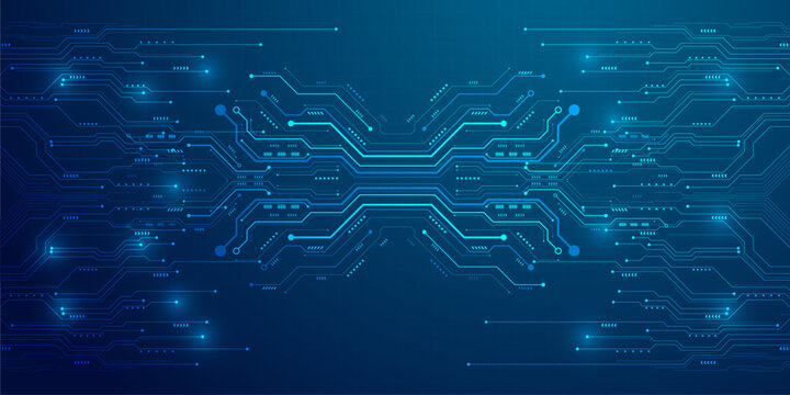 Abstract digital technology circuit board background with glowing lines and nodes.