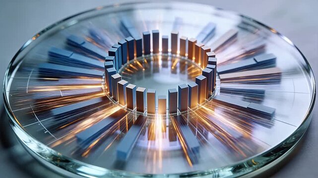 Transparent glass circular container with colorful radial cylinders and bright lighting