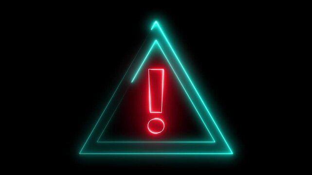 Neon warning attention sign icon animation glowing red and cyan color danger error alert risk stop sign emergency hazard sign icon sign symbol on black background	