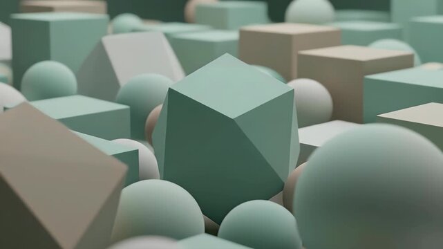3D render abstract background with geometric shapes, cubes, and spheres in pastel green and beige