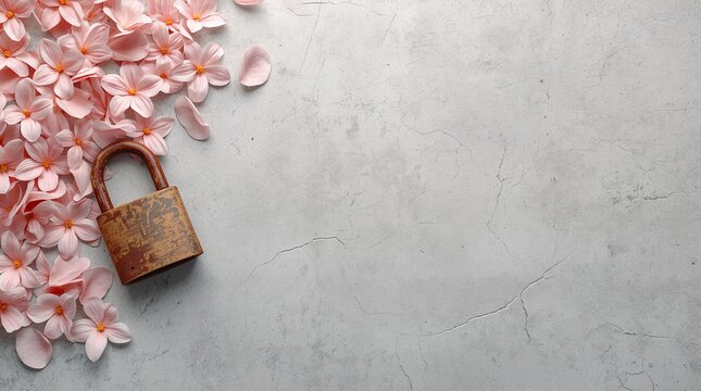 Rusty vintage padlock with delicate pink flower petals on cracked concrete background security and fragility concept