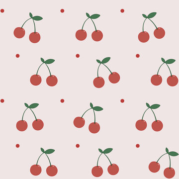 Red cherries with green leaves and polka dots seamless background. Sweet summer fruit pattern.