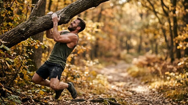 Athletic man performing pull ups on a tree branch in a forest at autumn