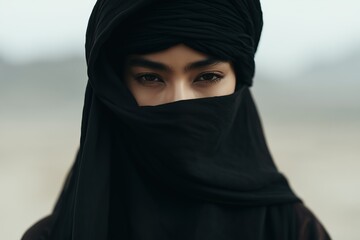 Naklejka premium Mysterious woman in black hijab gazes intensely, revealing only her eyes