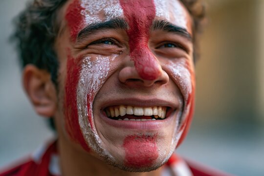 Turkish football fan celebrating with joyful tears and red white face paint