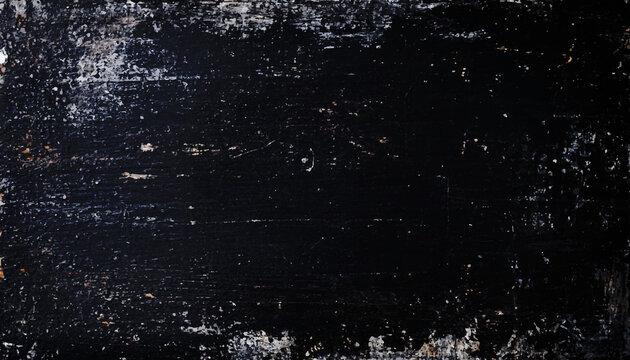 Distressed black wood or metal texture background with white scratches and chipped paint details vector illustration.