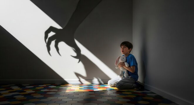 Scared Little Boy Holding Stuffed Toy Cowering from a Menacing Monster Shadow on the Wall in a Dark Room