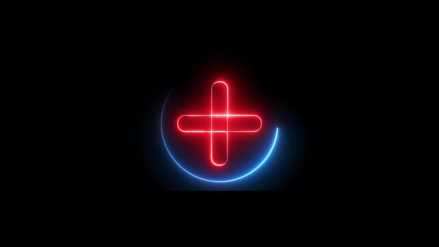 Neon plus sign icon animation glowing red and blue color neon sign positive mathematic accountancy calculating icon sign symbol on black background	