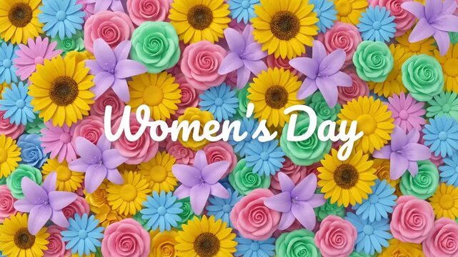 Women's Day text on vibrant background of colorful 3D paper flowers
