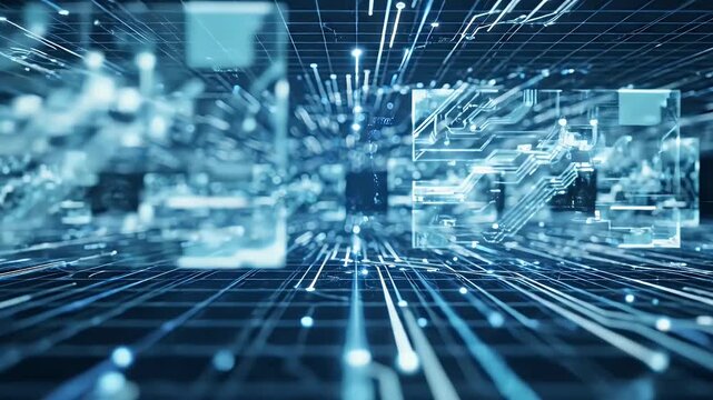 Abstract digital technology background with glowing circuits, data streams, and glowing cubes