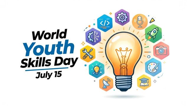 World Youth Skills Day graphic with lightbulb and icons.